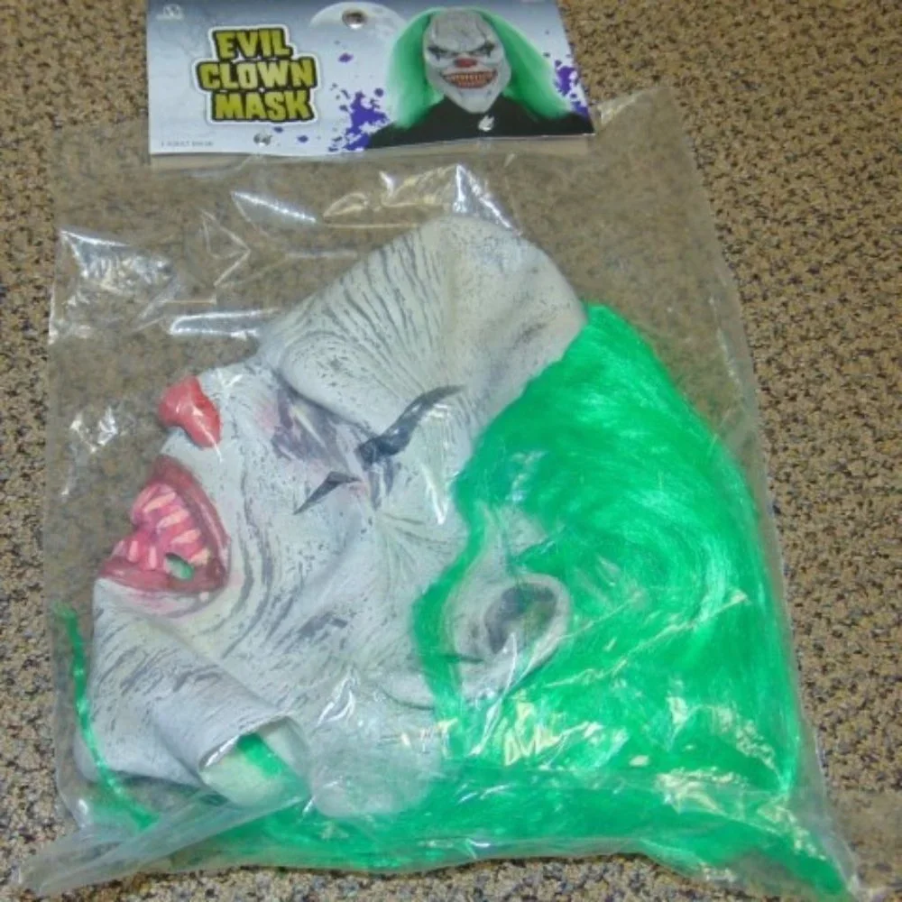 Evil Clown Halloween Mask & Wig Creepy Latex Green Hair Costume Accessory 14+